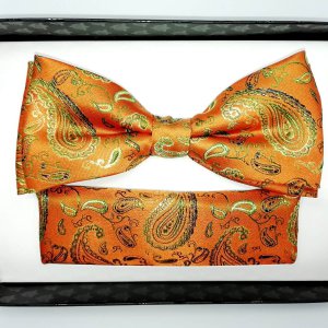 Mucha z poszetką pomarańczowa - oliwkowa - turecki wzór