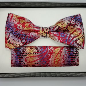 Mucha z poszetką czerwona - granatowa - żółta - orientalny wzór