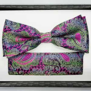 Mucha z poszetką różowa - zielona - orientalny wzór