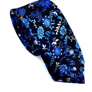 Elegancki Krawat Czarny Kwiatki Szafirowe