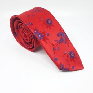 Elegancki Krawat Czerwony Chabrowe Kwiaty