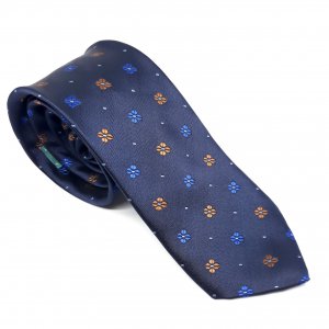 Elegancki Krawat Granatowy Brązowe Kwiatki