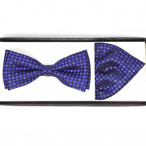 Zestaw mucha plus poszetka czarna w kwadraciki fioletowo niebieskie