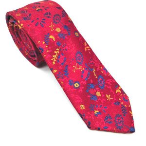 Elegancki Krawat Czerwony Niebiesko Żółty Wzór