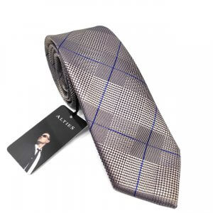 Elegancki Krawat Beżowy w granatową kratę