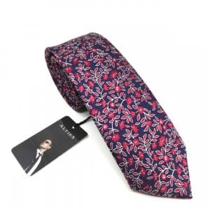 Elegancki Krawat Granatowy w czerwone kwiatki