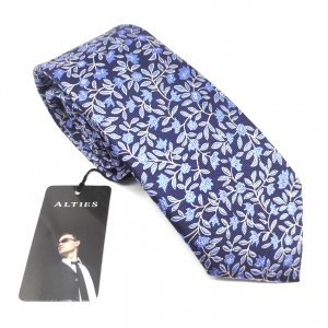 Elegancki Krawat Granatowy Niebieskie Kwiatki