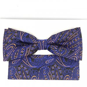 Mucha z poszetką czarna w granatowo pomarańczowy wzór