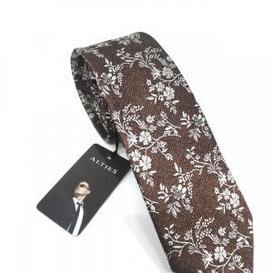 Elegancki Krawat Brązowy Białe Kwiatki
