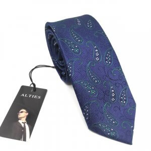 Elegancki Krawat Granatowy w Zielone Listki